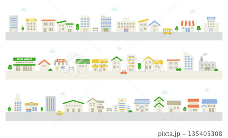 かわいい街並みのイラスト素材｜家と建物が並ぶ ベクター素材 135405308