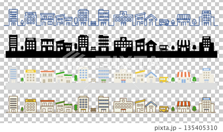 城市景觀插畫素材變體集 | 水平排列的房屋和建築物向量圖 城市景觀插畫素材變體集 | 水平排列的房屋和建築物向量圖 135405310