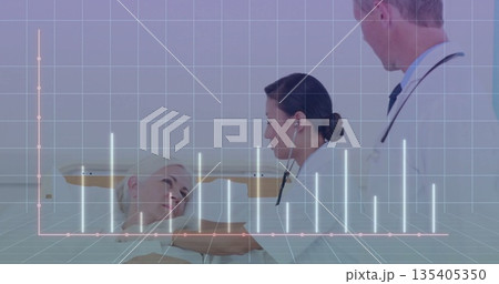 Monitoring senior patient chest with stethoscope by doctors in hospital ward featuring data overlay 135405350