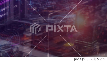 Projecting augmented overlay over downtown at dusk, with circular infographics, bar charts, metrics 135405383