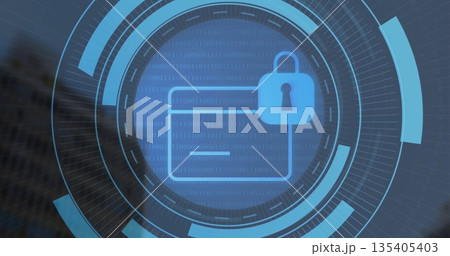 Displaying security icon with access card outline and padlock on office facade with binary code 135405403