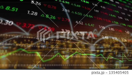 Displaying floating stock numbers, lines, green up and red down triangles on nighttime waterfront 135405405