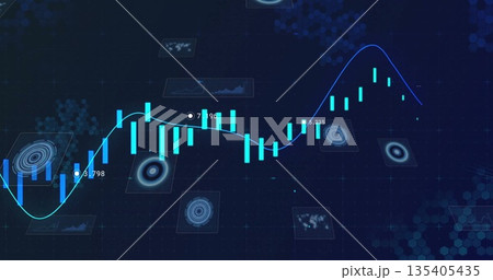Displaying glowing cyan candlestick bars and blue trend line on trading dashboard, with data panels 135405435
