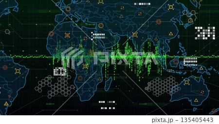 Displaying global data map showing green waveform on analytics screen, with hexagonal clusters Displaying global data map showing green waveform on analytics screen, with hexagonal clusters 135405443