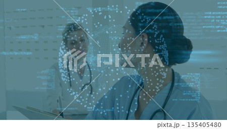 Reviewing data overlay, nurse in scrubs holding clipboard, pen, stethoscopes at clinic, copy space 135405480