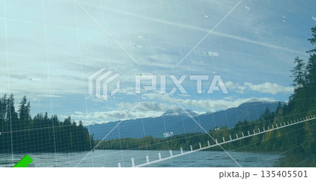 Mapping river valley with evergreens and snowcapped peak under grid overlay axis and numeric tags Mapping river valley with evergreens and snowcapped peak under grid overlay axis and numeric tags 135405501