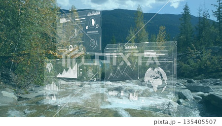 Floating digital panels showing graphs and globe icon over stream flowing past rocky bed in forest Floating digital panels showing graphs and globe icon over stream flowing past rocky bed in forest 135405507