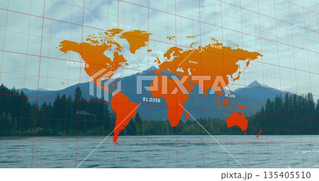 Displaying orange world map overlay over alpine lakeshore, with red grid lines and lake buoys 135405510