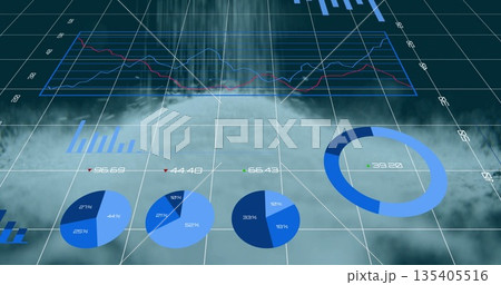 Floating large blue doughnut chart over grid floor, with streaming data column, copy space Floating large blue doughnut chart over grid floor, with streaming data column, copy space 135405516