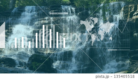 Showing waterfall cascading over mossy rocks in woods with bar chart, world map, timeline overlays Showing waterfall cascading over mossy rocks in woods with bar chart, world map, timeline overlays 135405518