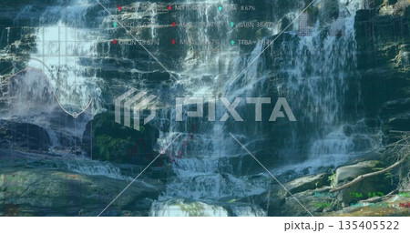 Flowing waterfall cascading over layered mossy ledges at forest gorge with digital ticker symbols Flowing waterfall cascading over layered mossy ledges at forest gorge with digital ticker symbols 135405522