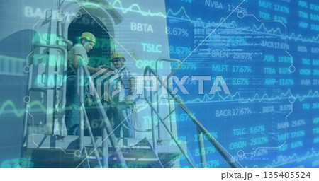 Maintenance engineers inspecting hatch access on airport platform, tablet and stock overlay 135405524