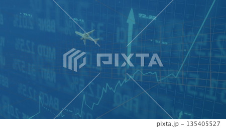 Displaying graphic on interface with grid, tickers, dotted-line graph, airplane toward upward arrow Displaying graphic on interface with grid, tickers, dotted-line graph, airplane toward upward arrow 135405527