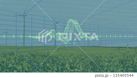 Displaying 3D grid overlay visualizing energy data over wind farm field, with green waveform line 135405544