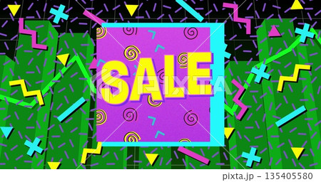 Displaying purple square with teal border featuring bold yellow SALE text in display, neon shapes Displaying purple square with teal border featuring bold yellow SALE text in display, neon shapes 135405580