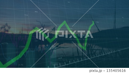 Hovering bright green trend line chart over lakeside at dusk, with grid overlay and data labels 135405616