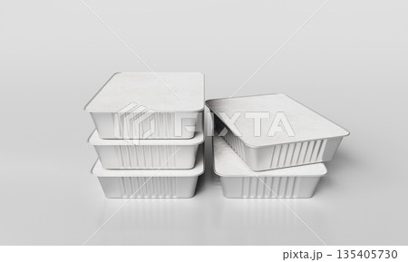 Aluminum Foil Food Container with White Paper Lid Mock up. 3D Rendering. Aluminum Foil Food Container with White Paper Lid Mock up. 3D Rendering. 135405730