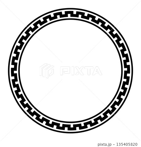 Circle frame with serpentine meander pattern. Decorative circular border with a bold zigzag line. A seamless Greek key pattern with two thinner circles. Isolated black and white illustration. Vector Circle frame with serpentine meander pattern. Decorative circular border with a bold zigzag line. A seamless Greek key pattern with two thinner circles. Isolated black and white illustration. Vector 135405820