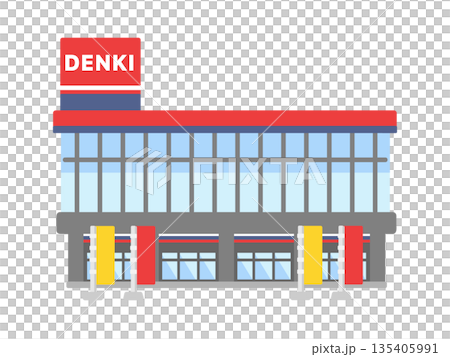 一幅紅藍相間的電子產品零售店建築插圖，上面寫著「DENKI」字樣。 135405991