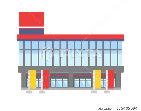 のぼり旗が並ぶ赤と紺色の家電量販店建物イラスト(文字なし) のぼり旗が並ぶ赤と紺色の家電量販店建物イラスト(文字なし) 135405994