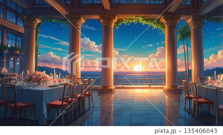ゲーム背景 夕日のパーティーレストランホール風景 ゲーム背景 夕日のパーティーレストランホール風景 135406043