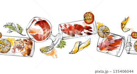 Warm orange and red drink, wine balloon with orange peel, tomato juice or Bloody Mary with celery, punch glass. Seamless header in watercolor and ink, hand drawn for website accents or textile trims. Warm orange and red drink, wine balloon with orange peel, tomato juice or Bloody Mary with celery, punch glass. Seamless header in watercolor and ink, hand drawn for website accents or textile trims. 135406044