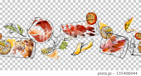 Warm orange and red drink, wine balloon with orange peel, tomato juice or Bloody Mary with celery, punch glass. Seamless header in watercolor and ink, hand drawn for website accents or textile trims. Warm orange and red drink, wine balloon with orange peel, tomato juice or Bloody Mary with celery, punch glass. Seamless header in watercolor and ink, hand drawn for website accents or textile trims. 135406044