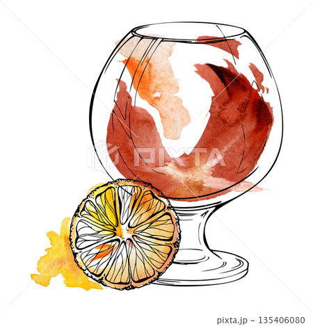 Classic sunny Aperol Spritz cocktail in balloon glass, citrus garnish, amber bourbon whiskey scotch rum spirits. Watercolor glow swirl and ink outline. Illustration for bar graphics, menu borders Classic sunny Aperol Spritz cocktail in balloon glass, citrus garnish, amber bourbon whiskey scotch rum spirits. Watercolor glow swirl and ink outline. Illustration for bar graphics, menu borders 135406080