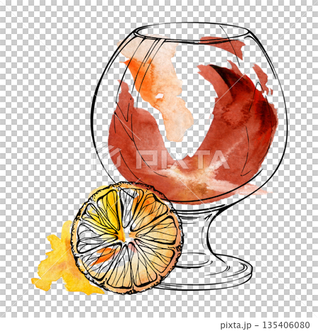 Classic sunny Aperol Spritz cocktail in balloon glass, citrus garnish, amber bourbon whiskey scotch rum spirits. Watercolor glow swirl and ink outline. Illustration for bar graphics, menu borders Classic sunny Aperol Spritz cocktail in balloon glass, citrus garnish, amber bourbon whiskey scotch rum spirits. Watercolor glow swirl and ink outline. Illustration for bar graphics, menu borders 135406080
