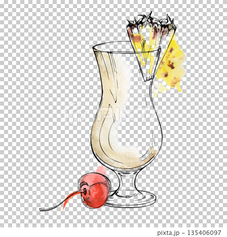 Creamy tropical Pina Colada cocktail, coconut hue with bright pineapple wedge and cherry fruit garnish. Ink-outlined watercolor illustration for exotic party branding, recipe visuals, or drink packs. 135406097