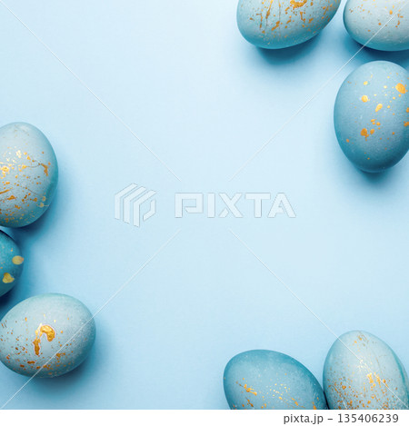 Easter background of eggs painted in blue color. Flat lay, top view. Easter background of eggs painted in blue color. Flat lay, top view. 135406239
