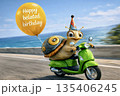 Happy belated birthday greeting card with cute snail riding green scooter by the sea.This image is part of a Happy Belated Birthday character series 135406245