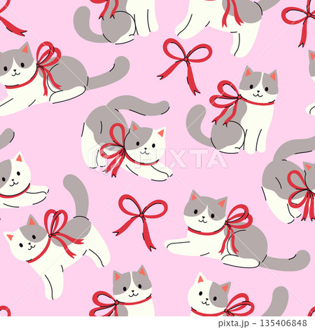 Seamless pattern with white-gray cats and red bows. Vector graphics. Seamless pattern with white-gray cats and red bows. Vector graphics. 135406848