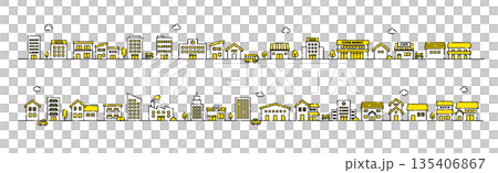 Cute townscape illustration material | Houses and buildings lined up | Line drawing vector material 135406867