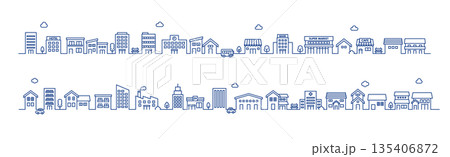 線画の街並みイラスト素材｜家と建物が連なる 横並びベクター素材 135406872