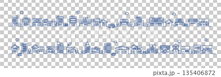 城市景觀線條畫插圖素材 | 並排排列的房屋和建築物向量素材 135406872