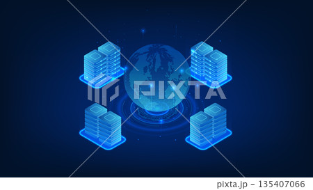 Space Data Center Technology Concept with Servers Orbiting Earth, Global Cloud Computing, Futuristic Network Infrastructure, Satellite Data Storage and Digital Transformation Space Data Center Technology Concept with Servers Orbiting Earth, Global Cloud Computing, Futuristic Network Infrastructure, Satellite Data Storage and Digital Transformation 135407066