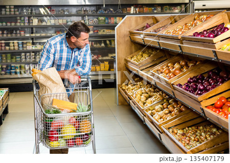 Mid adult man leaning on cart with pineapple scanning produce bins in supermarket aisle, copy space 135407179
