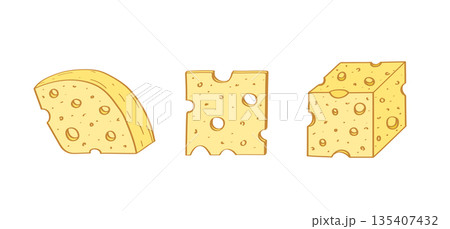 A set of pieces of cheese with holes. Vector illustration of dairy products cheeses. 135407432