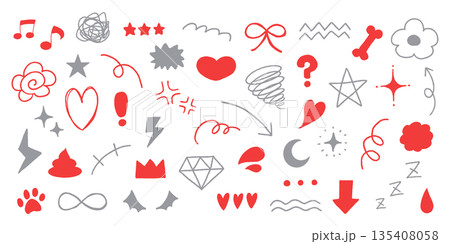 ポップで可愛い赤とグレーの落書きイラストの詰め合わせ。手書きアイコンのベクター素材セット 135408058