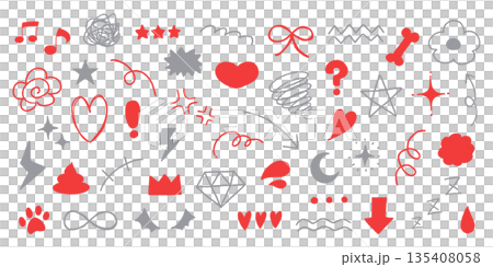 ポップで可愛い赤とグレーの落書きイラストの詰め合わせ。手書きアイコンのベクター素材セット 135408058