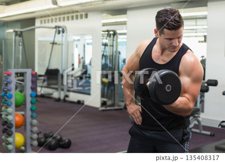 Man performing single-arm dumbbell curling in gym with mirrored walls, colorful rack, copy space 135408317