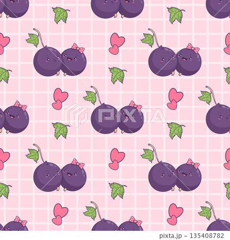 Love Kawaii Blackcurrant Seamless Pattern. Cute Romantic Berry Couple and Hearts on Pink Plaid Background. Cartoon Mascot for Holiday, Valentine Day Design. Vector illustration. Not AI Love Kawaii Blackcurrant Seamless Pattern. Cute Romantic Berry Couple and Hearts on Pink Plaid Background. Cartoon Mascot for Holiday, Valentine Day Design. Vector illustration. Not AI 135408782