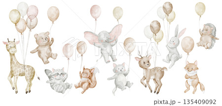 Flying animals holding balloons watercolor illustration in soft pastel colors. Clipart with teddy bear, rabbit, giraffe, deer for nursery posters, wall art, greeting cards, baby shower invitations. 135409092