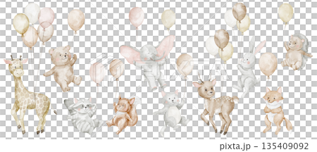 Flying animals holding balloons watercolor illustration in soft pastel colors. Clipart with teddy bear, rabbit, giraffe, deer for nursery posters, wall art, greeting cards, baby shower invitations. 135409092
