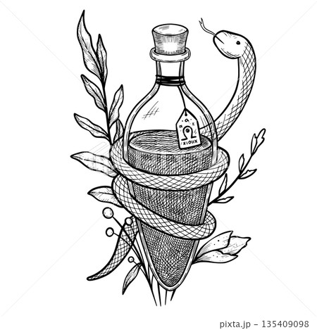 Vector alchemy Flask with liquid and Snake in graphic style. Linear illustration of Potion for occult fantasy themes, magic symbols, tarot designs, posters, tattoos and mystical compositions. Vector alchemy Flask with liquid and Snake in graphic style. Linear illustration of Potion for occult fantasy themes, magic symbols, tarot designs, posters, tattoos and mystical compositions. 135409098
