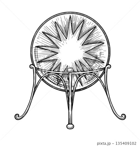 Vector Crystal Ball on ornate stand in vintage graphic style. Linear illustration for tarot designs, mystical posters, esoteric prints, occult symbols, tattoos and decorative compositions. 135409102