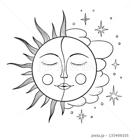 Vector celestial sun and moon face in mystical graphic style. Linear illustration of Day and Night for tattoos, posters, wall art, esoteric designs, astrology projects, coloring pages. Spiritual etch. Vector celestial sun and moon face in mystical graphic style. Linear illustration of Day and Night for tattoos, posters, wall art, esoteric designs, astrology projects, coloring pages. Spiritual etch. 135409105