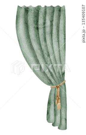 Curtain watercolor illustration. Clipart with green vintage theater drapery for childish invitations or carnival baby design. Element for stage on isolated background. Cloth for retro scene. 135409107