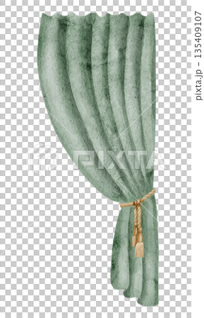 Curtain watercolor illustration. Clipart with green vintage theater drapery for childish invitations or carnival baby design. Element for stage on isolated background. Cloth for retro scene. 135409107